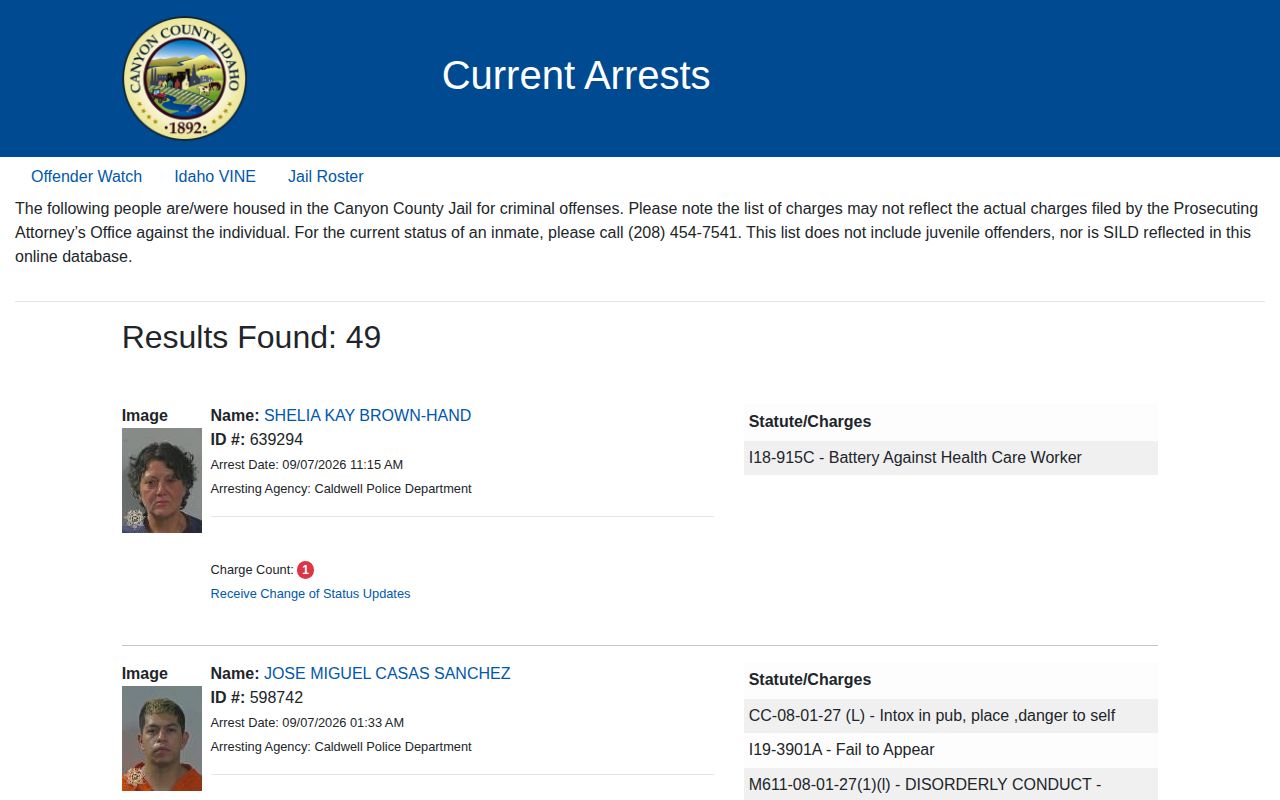 Canyon County Current Arrests official booking feed