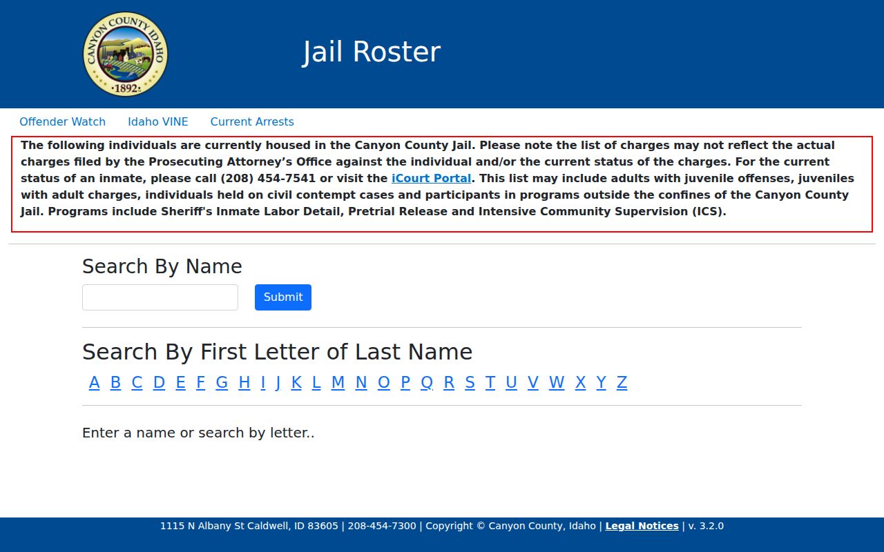 Canyon County Jail Roster arrest status search