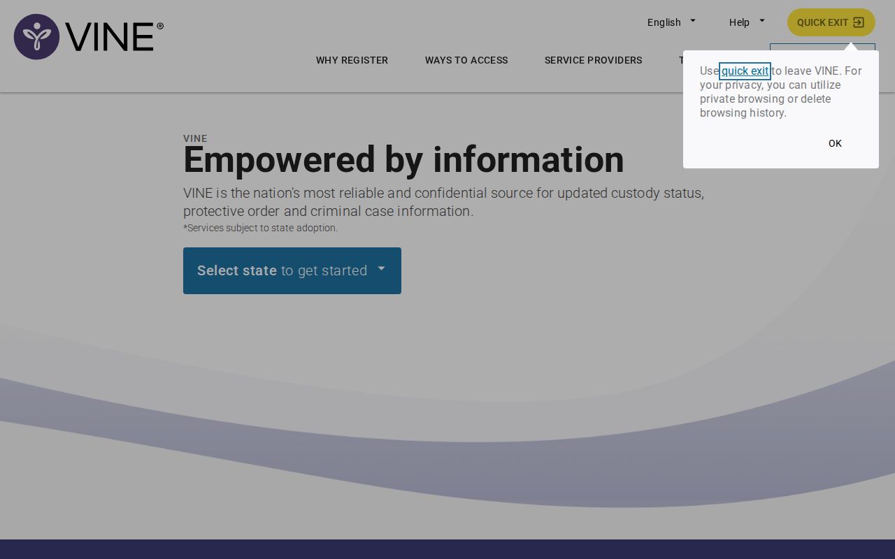 VINELink home screen used to begin an Idaho custody search