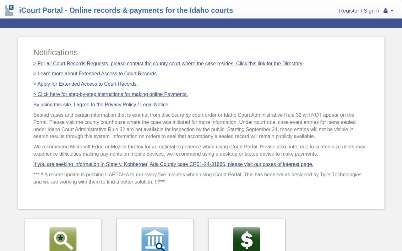 Idaho iCourt portal for Canyon County case verification