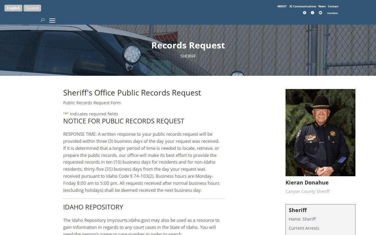 Canyon County Sheriff's Office public records request page