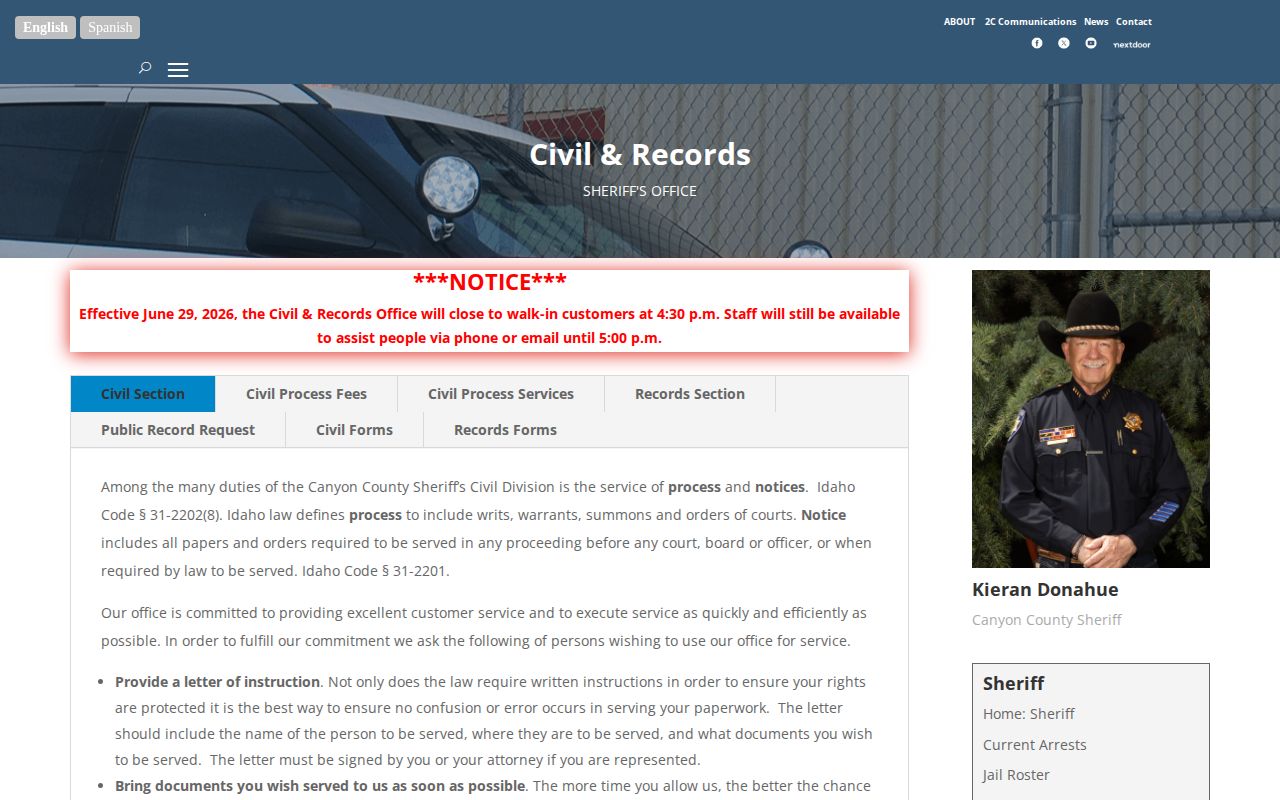 Canyon County Sheriff arrest records request information