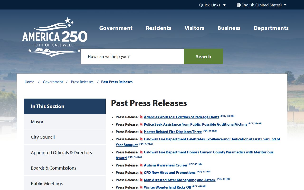 Caldwell official past press releases page used for selected city announcements