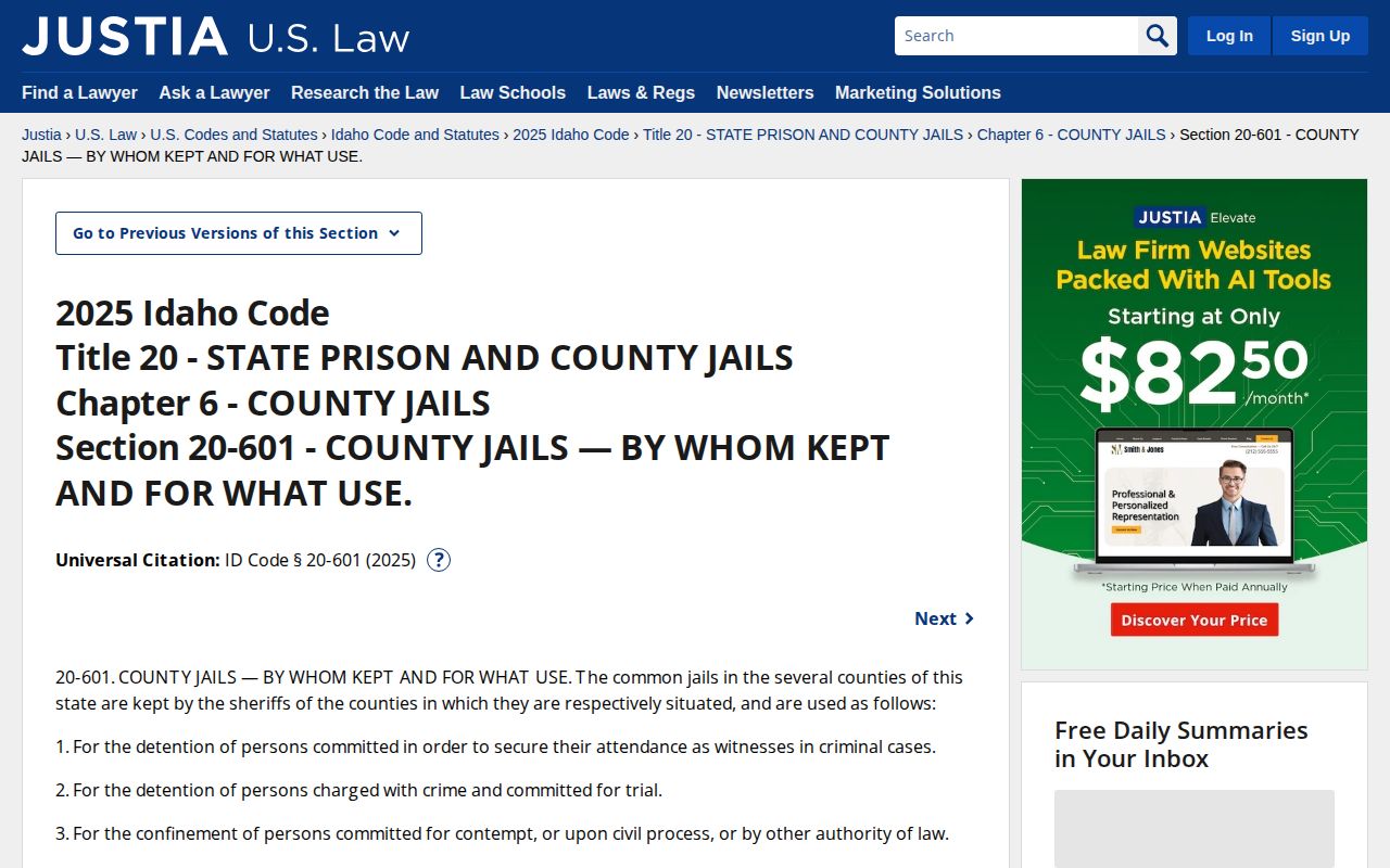 Idaho county jail booking statute page